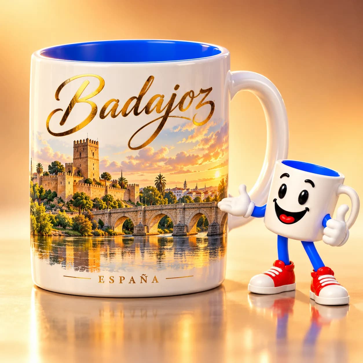 Taza personalizada de Badajoz con la Alcazaba y el Puente de Palmas — Tutaza