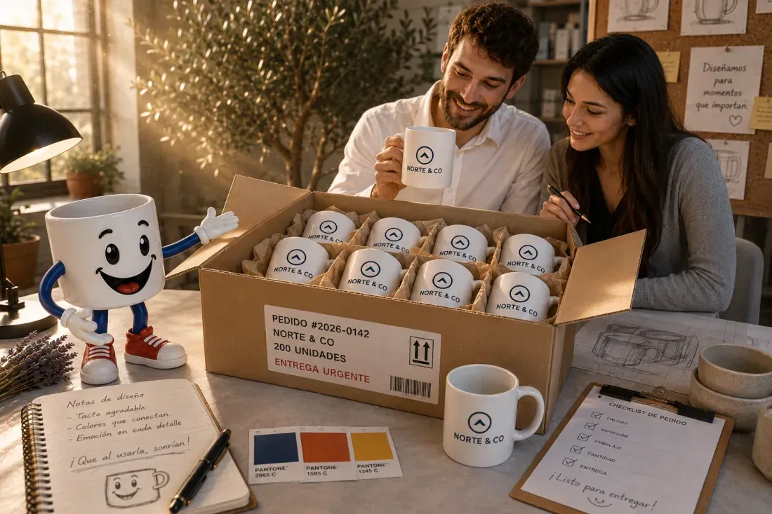 Caja abierta con tazas listas para entrega B2B, mascota Tazín saludando y equipo Tutaza inspeccionando una taza