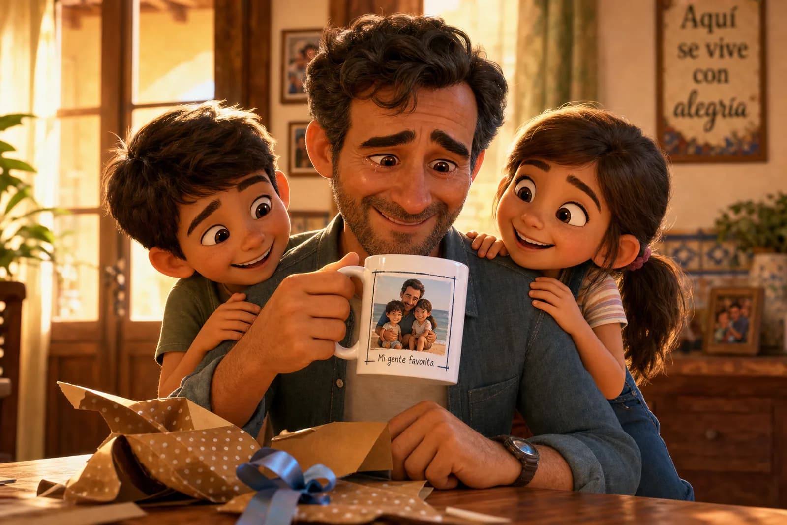 Padre emocionado con una taza personalizada con la foto de su familia