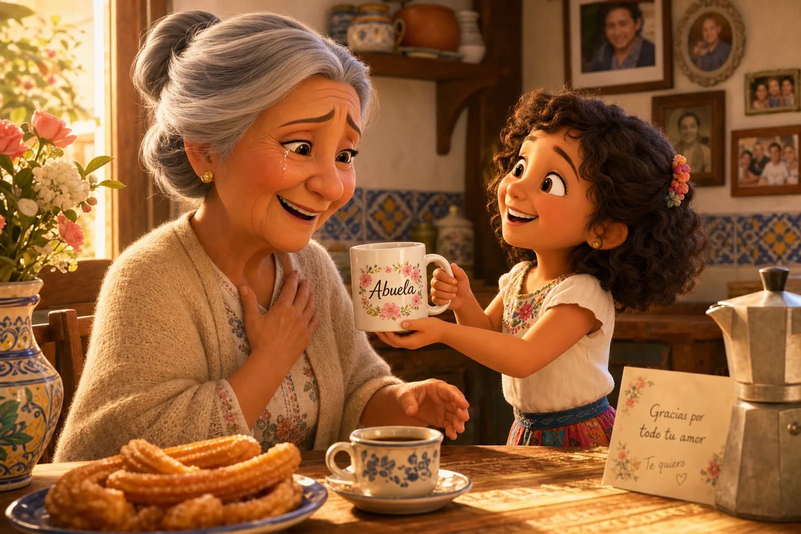 Abuela emocionada recibiendo una taza personalizada con su nombre de manos de su nieta