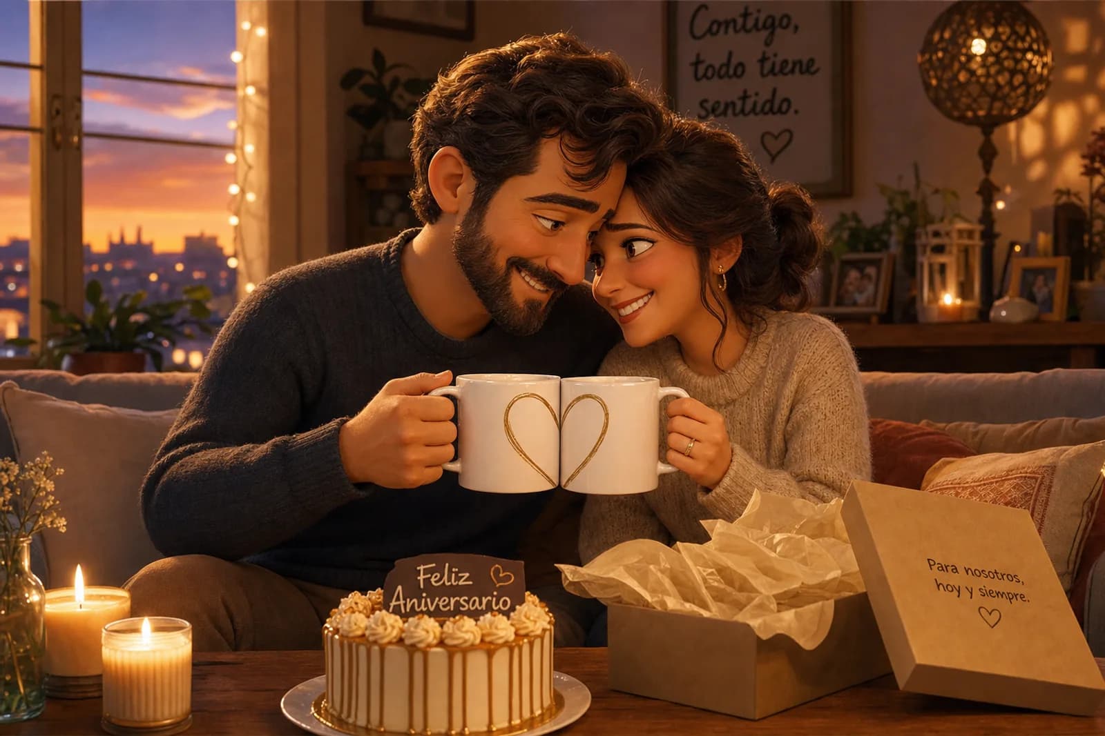 Pareja brindando con dos tazas personalizadas a juego en su aniversario