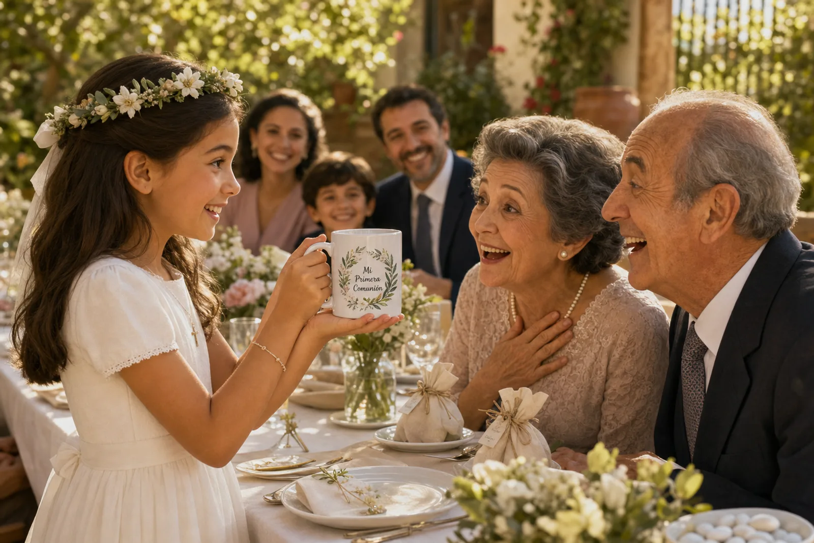 Niña de comunión enseñando ilusionada su taza personalizada a sus abuelos en la celebración familiar