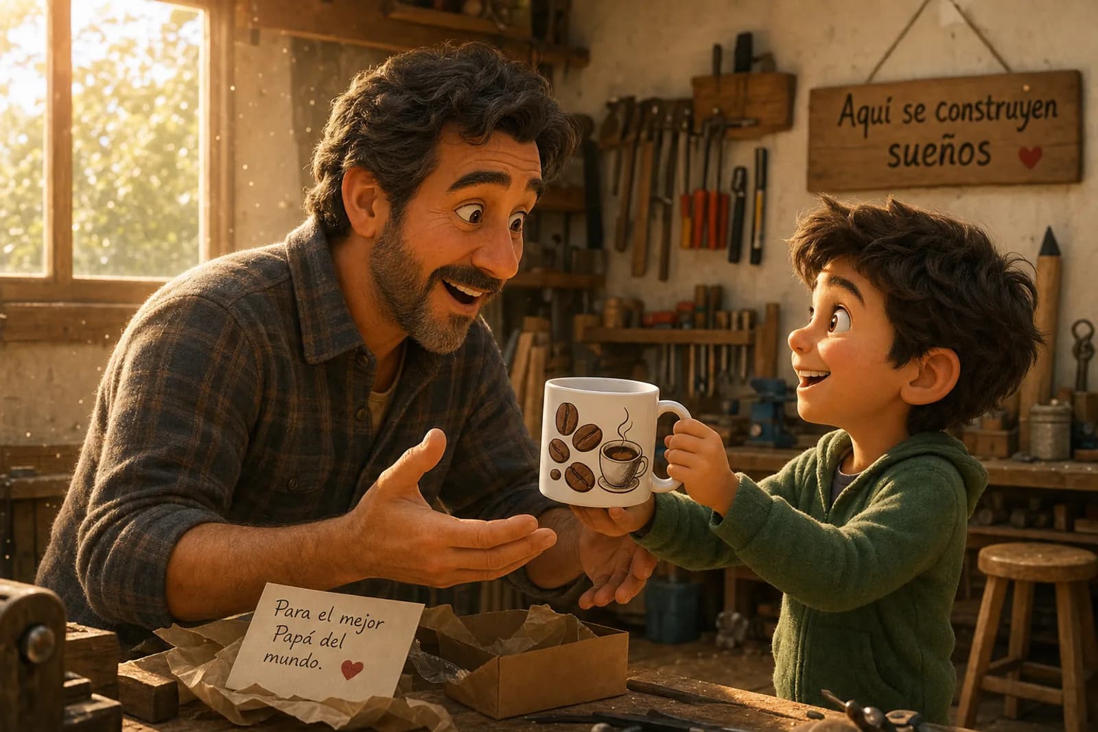 Padre sorprendido recibiendo de su hijo una taza personalizada con motivos de café en su taller