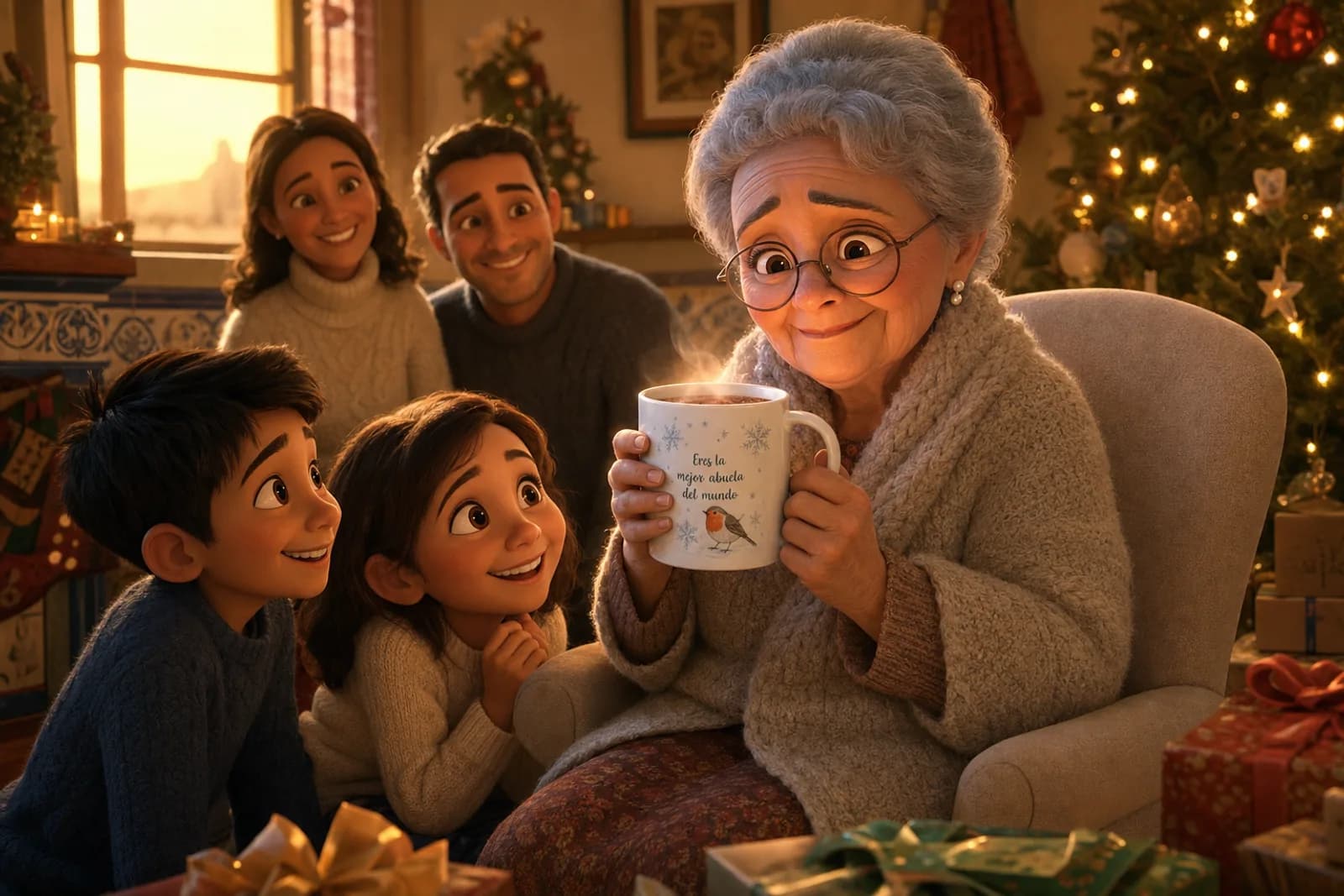 Abuela emocionada con una taza personalizada junto al árbol de Navidad, rodeada de su familia