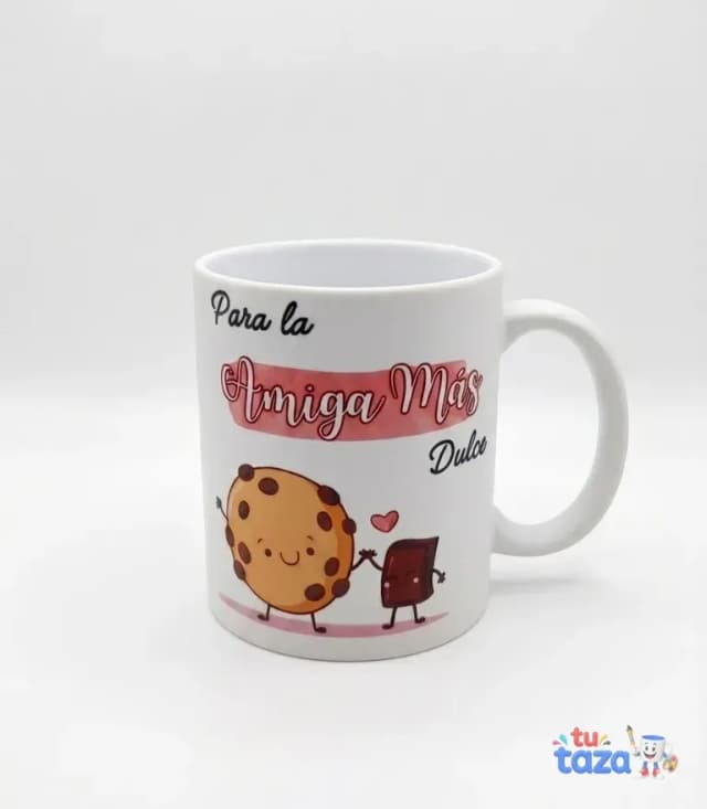 Taza personalizada con galleta y chocolate kawaii y frase 'Para la amiga más dulce', regalo original para mejor amiga