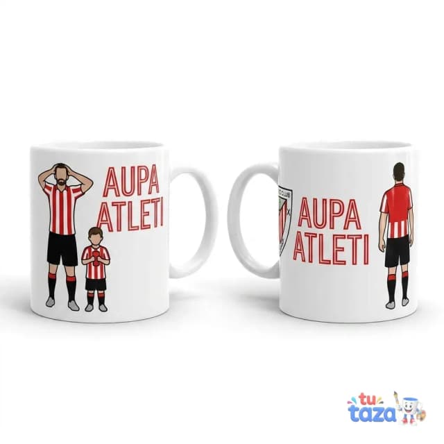 Taza personalizada con diseño Aupa Atleti del Athletic Club de Bilbao, ilustración padre e hijo con camiseta rojiblanca