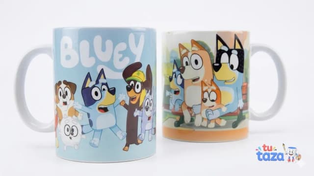 Taza personalizada con personajes de la serie Bluey, diseño infantil colorido con la familia Heeler, regalo para niños