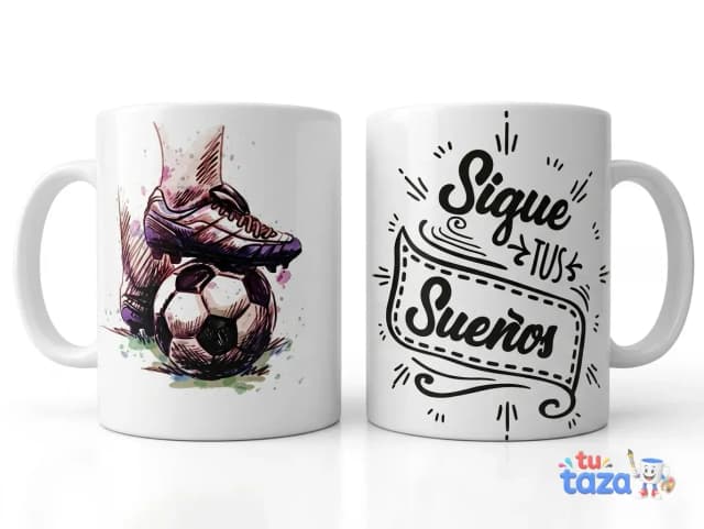 Taza personalizada con ilustración de bota y balón de fútbol estilo acuarela y frase Sigue tus Sueños, regalo deportivo