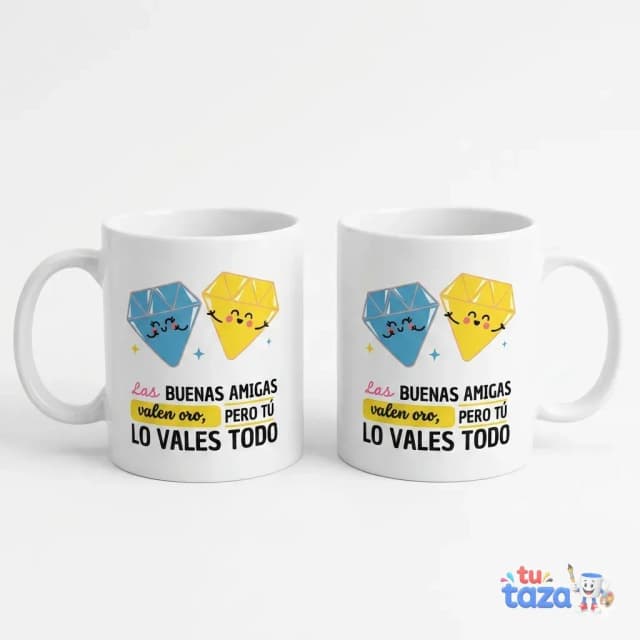 Taza personalizada con frase «Las buenas amigas valen oro pero tú lo vales todo» e ilustración de gemas kawaii, regalo para mejor amiga