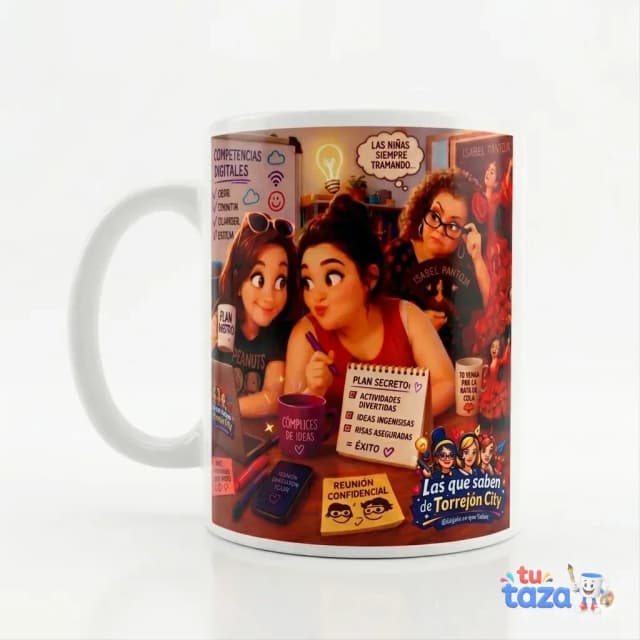 Taza personalizada con ilustración estilo cómic de chica estudiante y texto Las que saben de Ferreirín City, diseño original friki