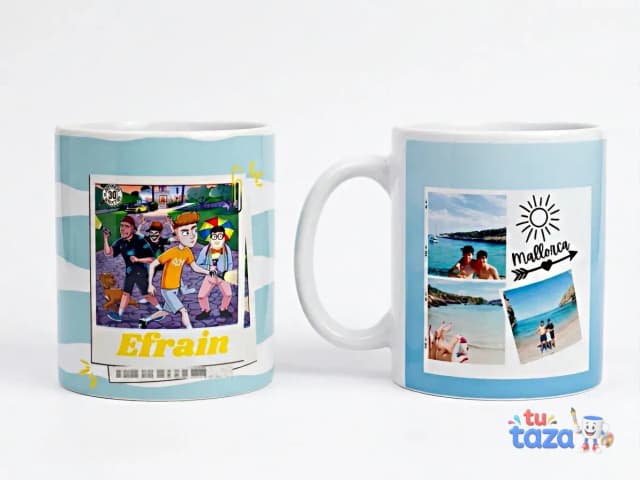 Taza personalizada con collage de fotos de viaje a Mallorca y nombre Efrain, recuerdo de vacaciones con amigos