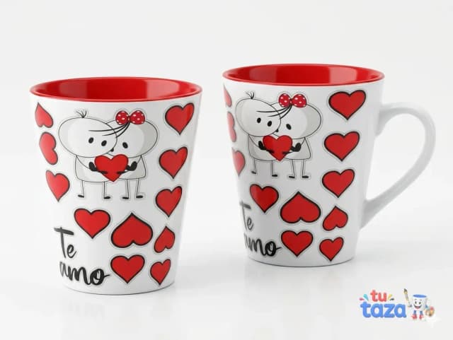 Taza personalizada cónica roja con elefantes enamorados, corazones y frase Te amo, regalo romántico para pareja