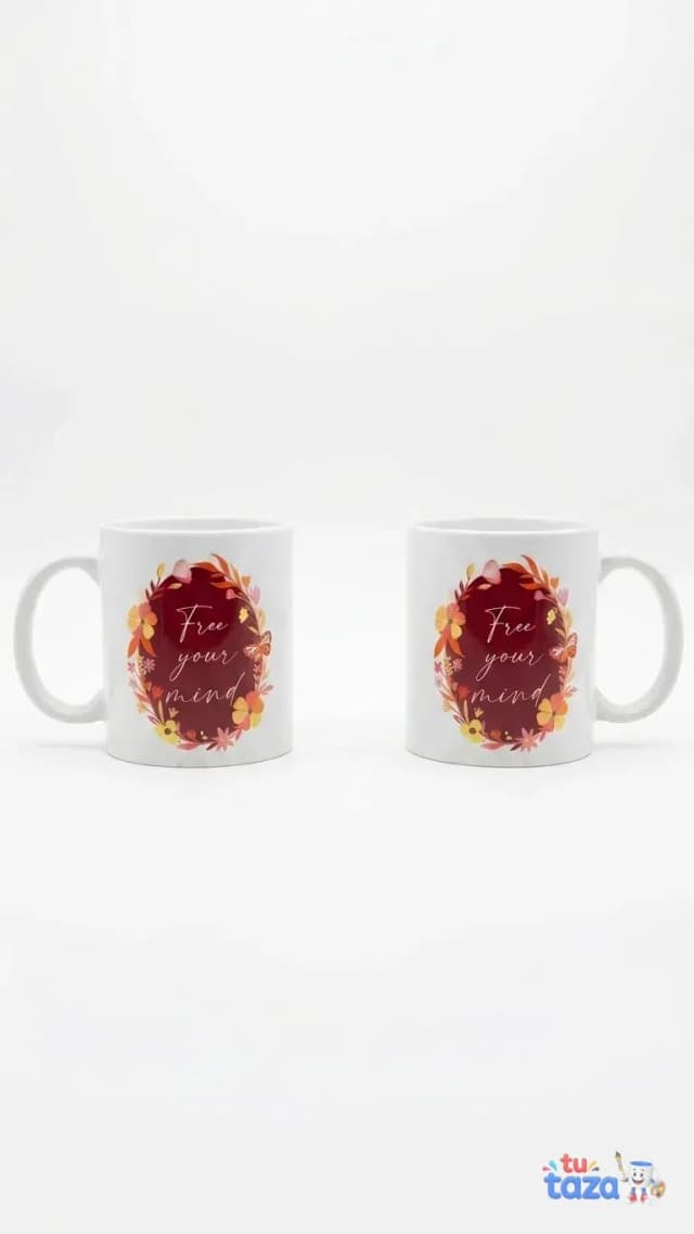 Taza personalizada con corona de flores otoñales y texto decorativo, diseño floral en tonos granate y dorado