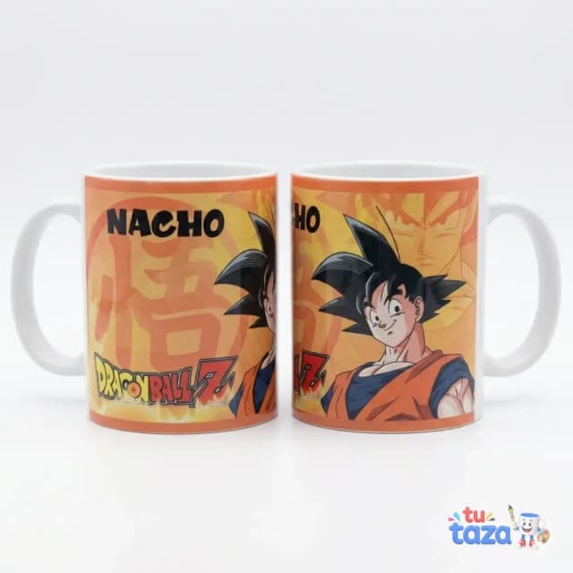 Taza personalizada con ilustración de Goku de Dragon Ball Z y nombre «Nacho», fondo naranja, regalo para fan del anime