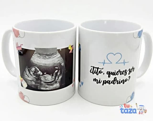 Taza personalizada con ecografía de bebé y pregunta ¿tito quieres ser mi padrino?, original para anunciar embarazo
