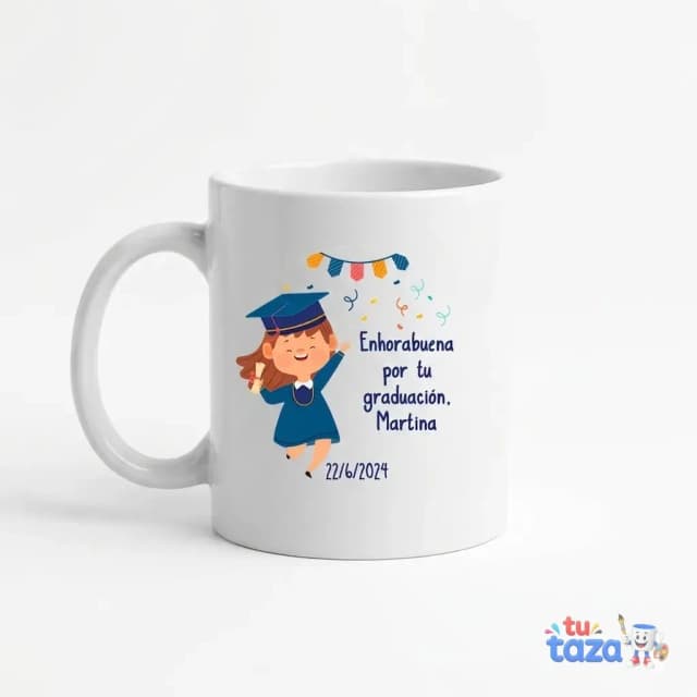 Taza personalizada con ilustración de graduada y texto «Enhorabuena por la graduación, Martina», regalo graduación