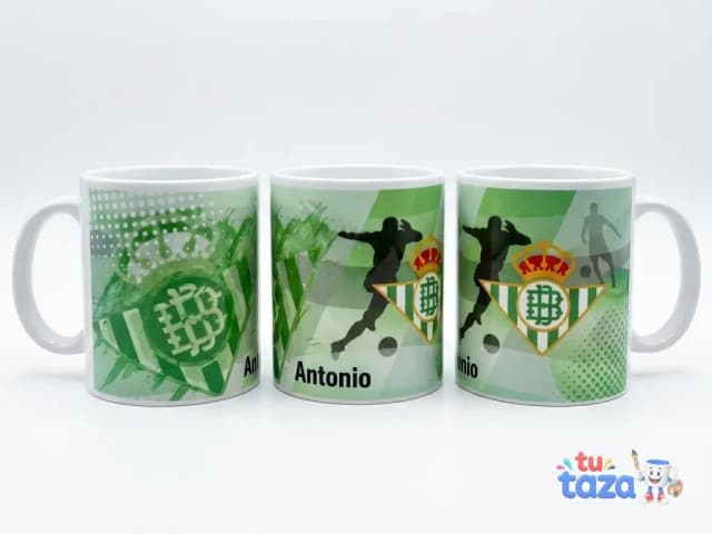 Taza personalizada con escudo del Real Betis y nombre Antonio, regalo para aficionado bético futbolero