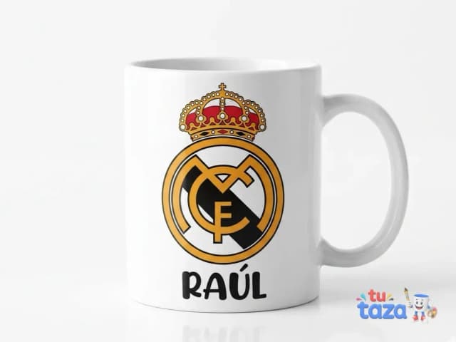 Taza personalizada con escudo del Real Madrid y nombre Raúl, regalo para aficionado madridista
