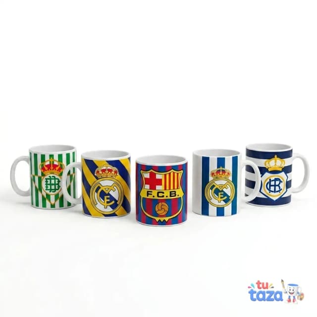 Taza personalizada con escudos de equipos de fútbol españoles Real Madrid Barça Betis Recreativo, colección fan fútbol