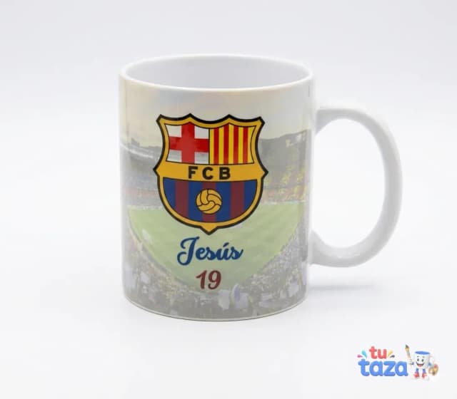 Taza personalizada con escudo del FC Barcelona y nombre Jesús con número 19, regalo para aficionado al Barça