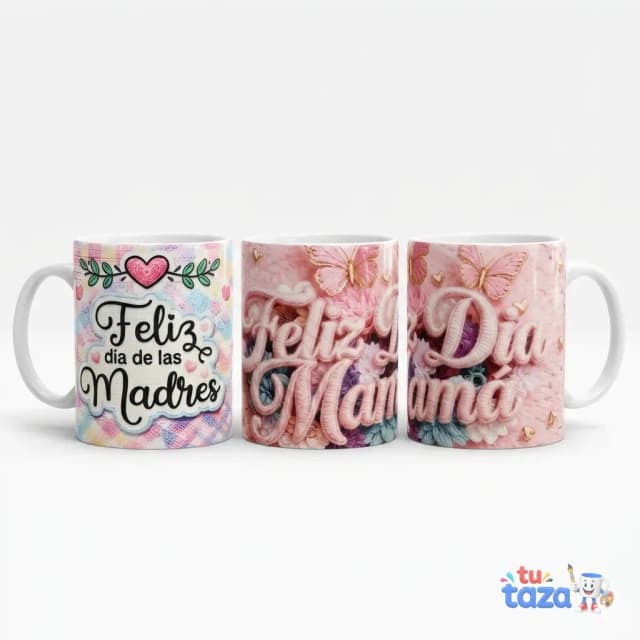 Taza personalizada con texto Feliz Día de las Madres sobre fondo floral rosa, diseño efecto letras en relieve 3D