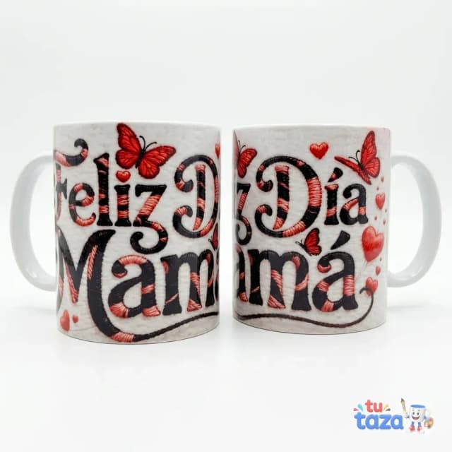 Taza personalizada con texto Feliz Día Mamá en letras grandes con corazones y mariposas rojas, regalo Día de la Madre
