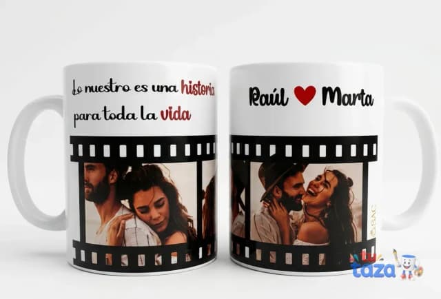 Taza personalizada con tira de fotos de pareja y frase «Lo nuestro es una historia para toda la vida», regalo aniversario