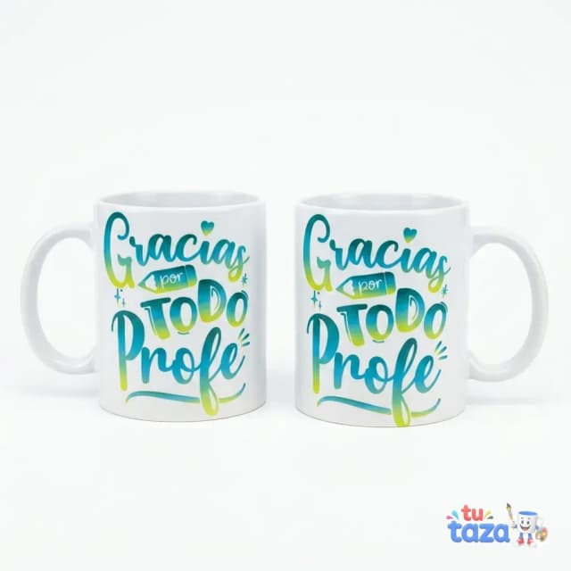 Taza personalizada con frase «Gracias por TODO Profe» en lettering turquesa y amarillo, pack dos tazas, regalo agradecimiento docente