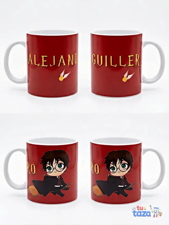 Taza personalizada Harry Potter estilo chibi fondo rojo burdeos con nombre Alejandro o Guillermo y snitch dorada, regalo friki