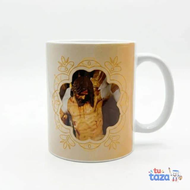 Taza personalizada con imagen devocional de Cristo en marco ornamental dorado, regalo religioso y de fe cristiana