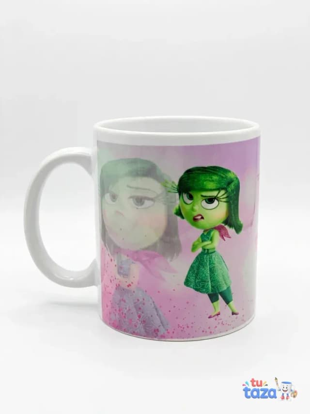 Taza personalizada con personaje Asco de Inside Out en fondo rosa, regalo para fans de la película de animación