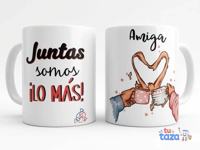 Taza personalizada con frase Juntas somos lo más e ilustración de amigas abrazadas, regalo para mejor amiga