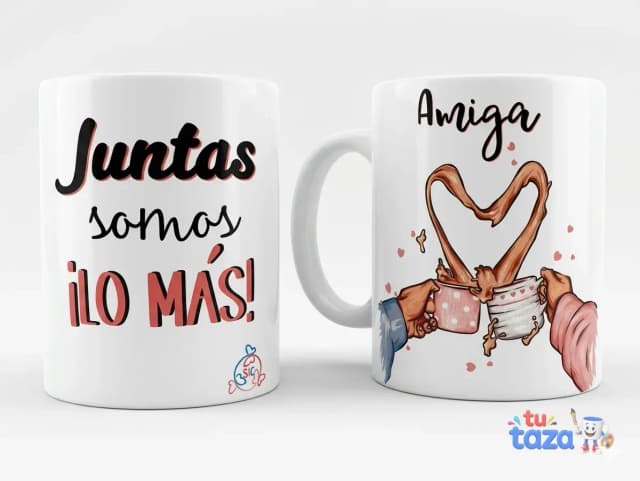 Taza personalizada con frase Juntas somos lo más e ilustración de amigas abrazadas con tazas, regalo para amiga