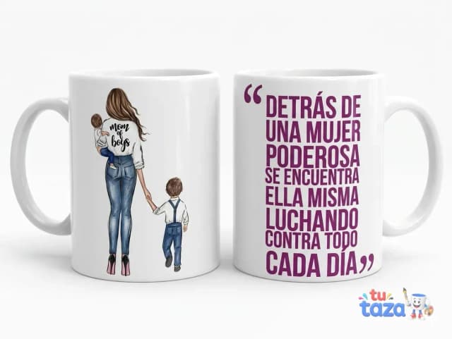 Taza personalizada con ilustración de madre e hijo y frase motivadora sobre la mujer poderosa, regalo original para mamá