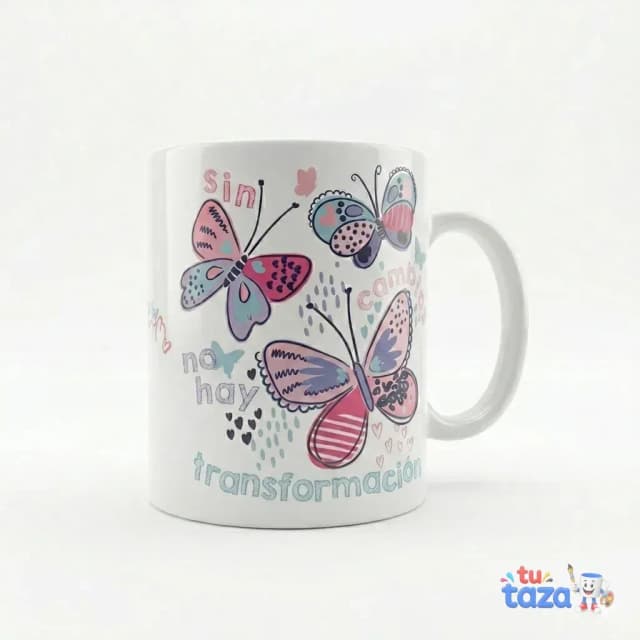 Taza personalizada con mariposas rosas y moradas y frase motivacional Sin X no hay transformación
