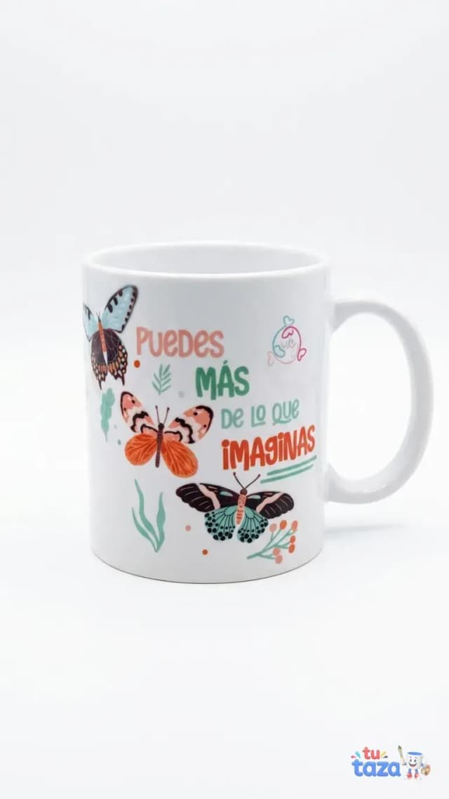 Taza personalizada con mariposas coloridas y frase motivacional Puedes más de lo que imaginas, regalo inspirador para mujer