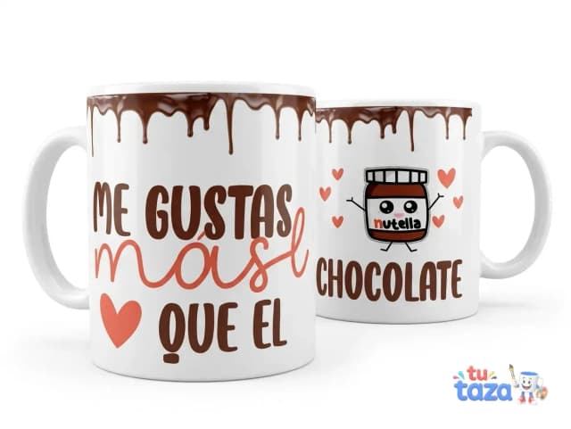 Taza personalizada con frase Me gustas más que el chocolate e ilustración de bote Nutella, regalo romántico divertido