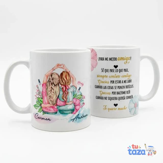 Taza personalizada para mejor amiga con ilustración de dos chicas y dedicatoria especial, nombres Carmen y Andrea