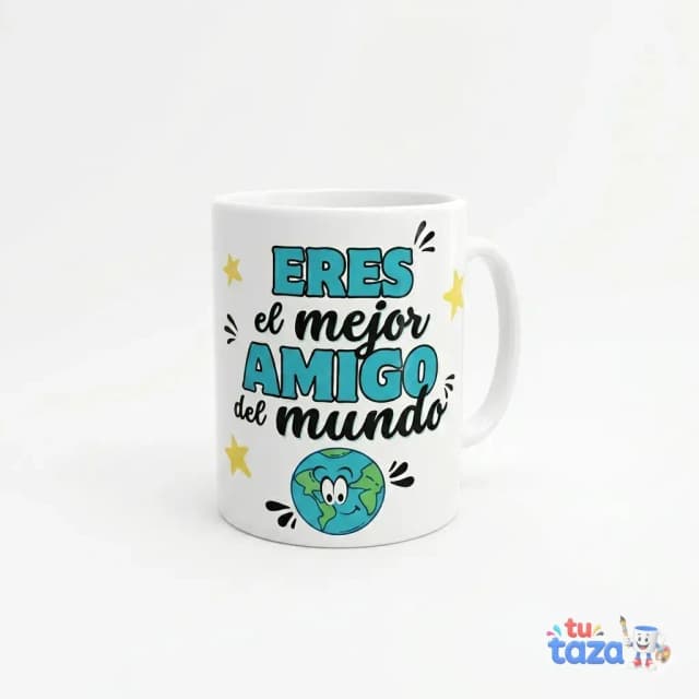 Taza personalizada con frase «Eres el mejor amigo del mundo» e ilustración de globo terráqueo sonriente, regalo para mejor amigo