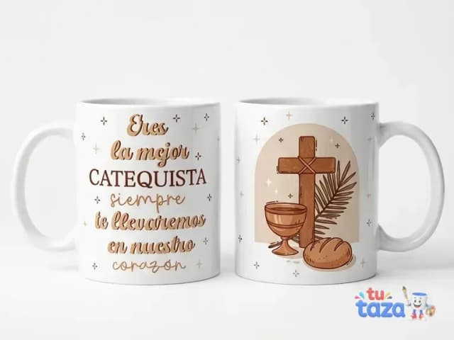 Taza personalizada con dedicatoria «Eres la mejor catequista» con cruz y cáliz, regalo para catequista
