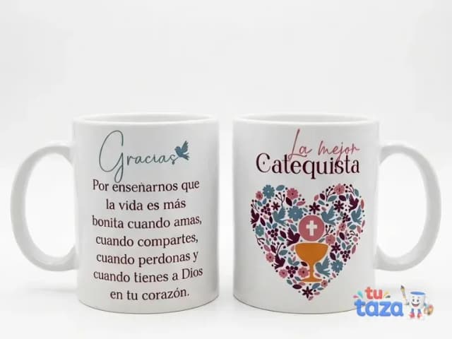 Taza personalizada con poema de agradecimiento y texto «La mejor catequista» con corazón floral, regalo catequesis