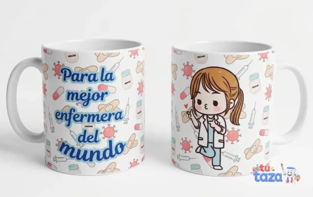 Taza personalizada con frase «Para la mejor enfermera del mundo» e ilustración de enfermera kawaii, regalo sanitaria