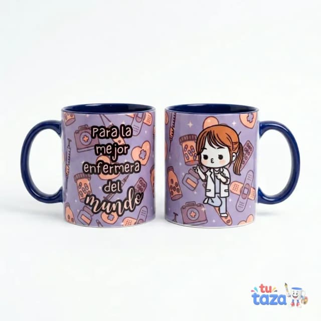Taza personalizada para enfermera con texto Para la mejor enfermera del mundo e ilustración kawaii, taza interior azul marino