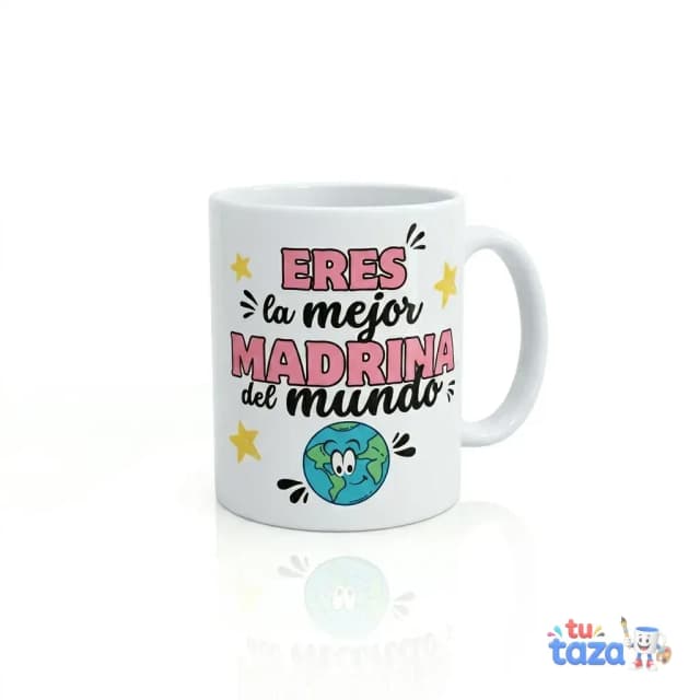 Taza personalizada con frase Eres la mejor madrina del mundo y globo terráqueo en corazón, regalo original para madrina