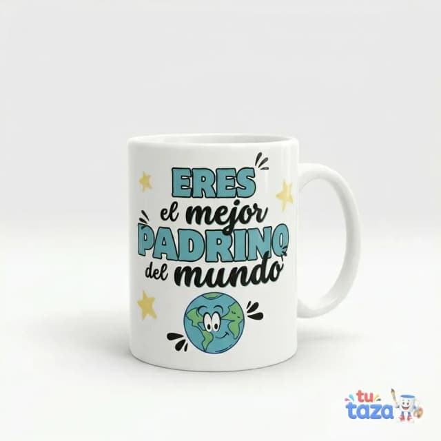 Taza personalizada con texto Eres el mejor padrino del mundo y planeta Tierra con carita, regalo original para padrino
