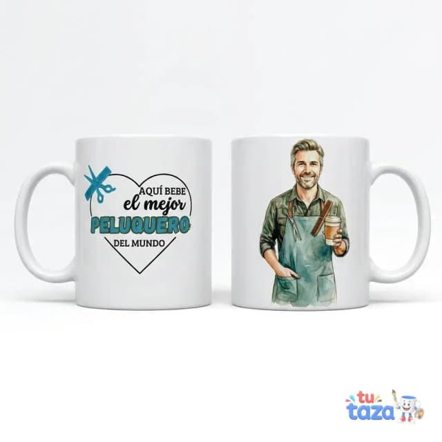 Taza personalizada con ilustración de peluquero y frase aquí bebe el mejor peluquero del mundo, regalo para barbero o estilista