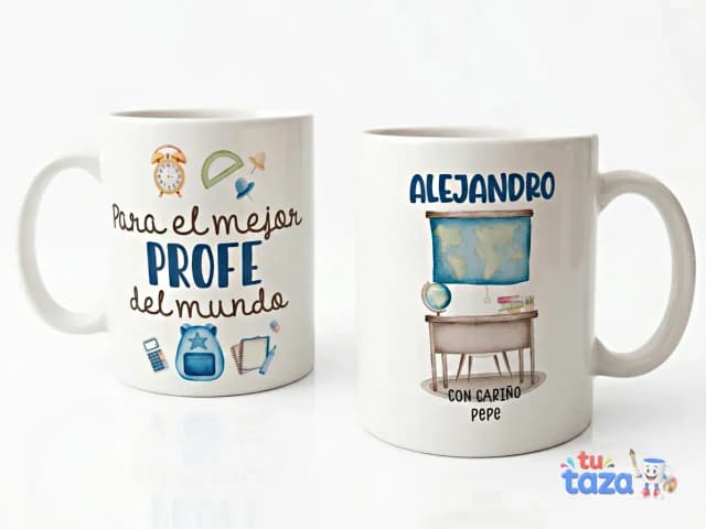 Taza personalizada para el mejor profe del mundo con nombre Alejandro, ilustración de pizarra y firma 'con cariño Pepe'