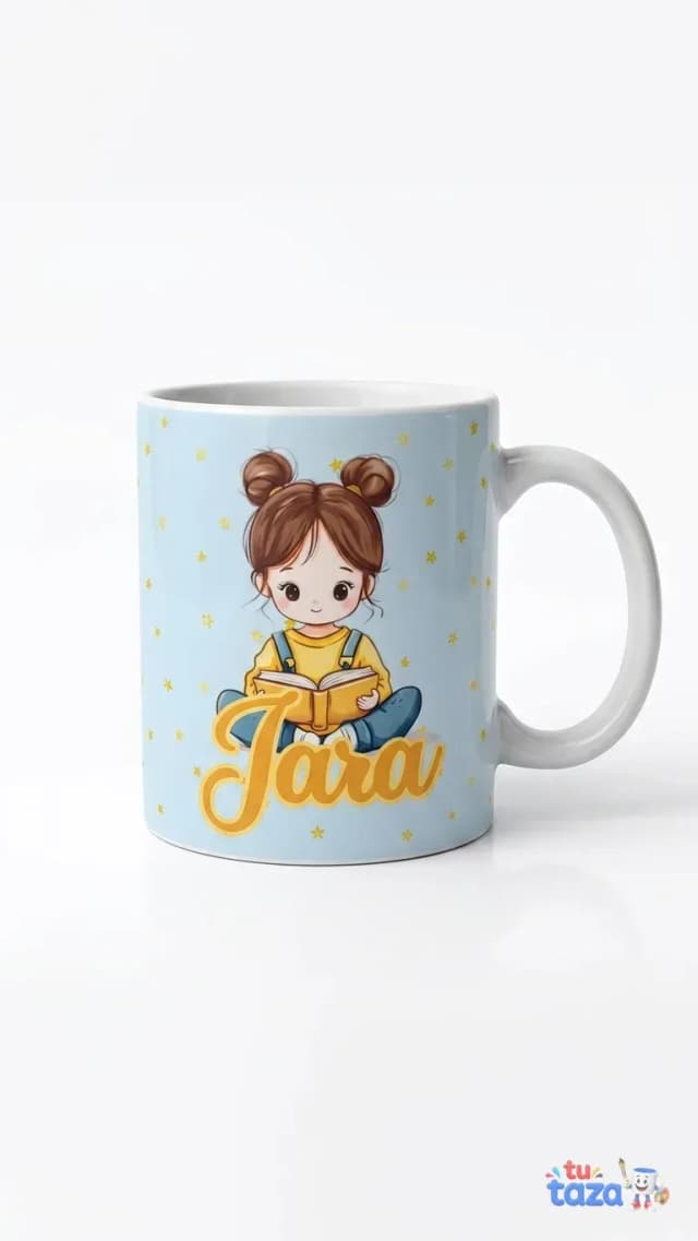 Taza personalizada con ilustración kawaii de niña leyendo y nombre Jara en dorado, regalo infantil con nombre propio