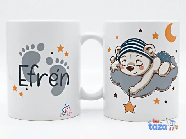 Taza personalizada con osito bebé durmiendo en nube, estrellas y nombre Efrén, ideal para regalo de recién nacido