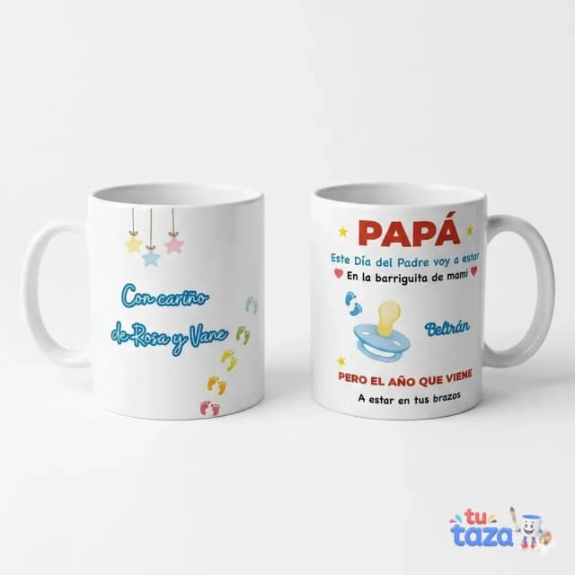 Taza personalizada para papá primerizo con mensaje «Este año estoy en la barriguita de mamá, el año que viene en tus brazos», regalo embarazo